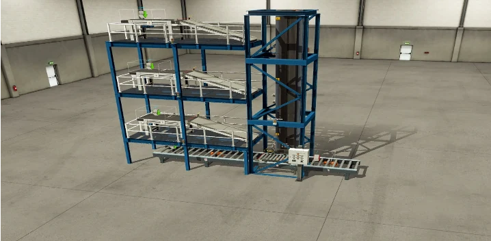 Maquette 3D du monte-charge à 3 étages dans Factory I/O