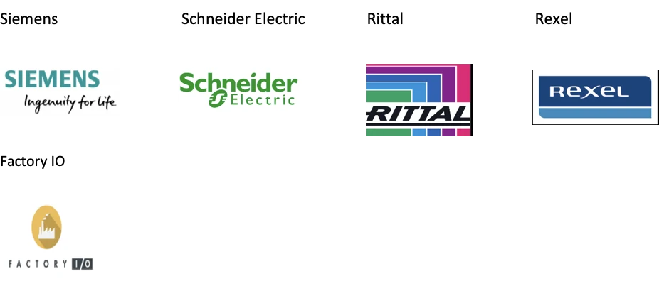 Logos des partenaires : Siemens, Schneider Electric, Rittal, Rexel et Factory I/O